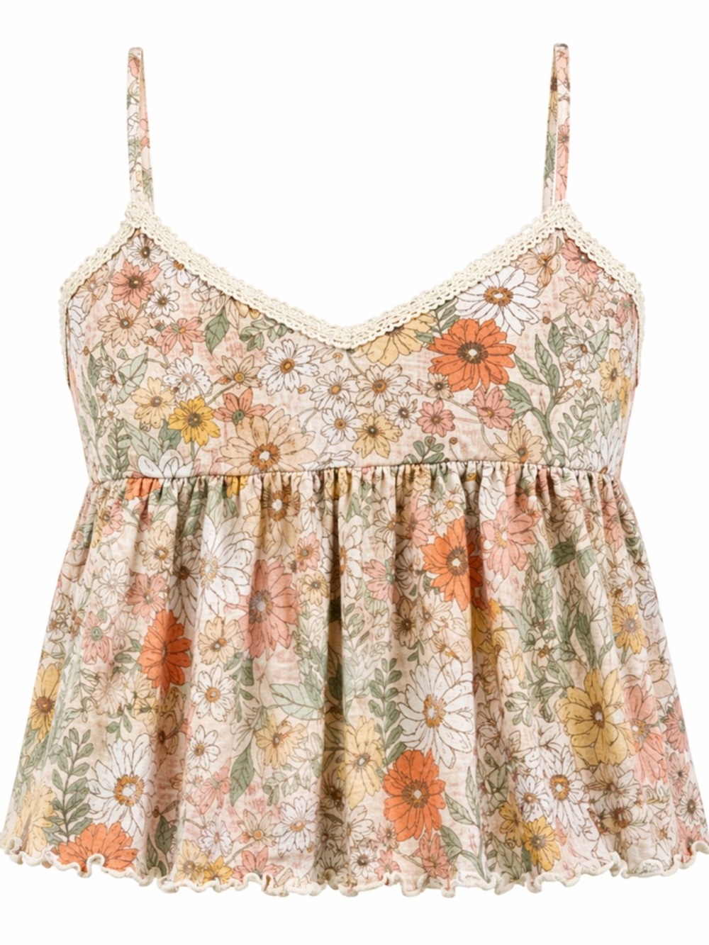 Floral Lace-Trim Spaghetti Strap Cami Top - Cream/Peach